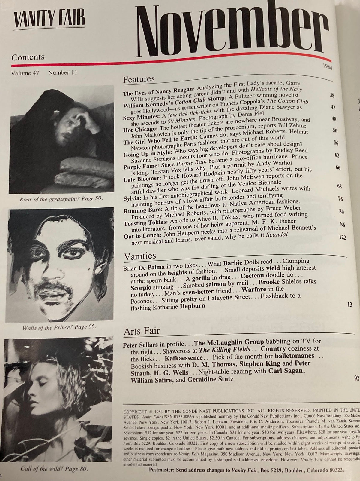 Contents page of the VTG Vanity Fair Magazine November 1984 displaying various articles and features, including 'The Eyes of Nancy Reagan' and 'Call of the Wild?'. This page showcases the magazine's editorial style and cultural relevance during the 1980s.