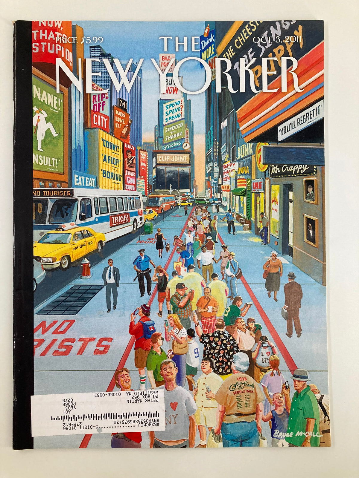The New Yorker Magazine October 3 2011 cover featuring 'It's A Helluva Town' by Bruce McCall, depicting a bustling Times Square scene with colorful billboards and pedestrians.