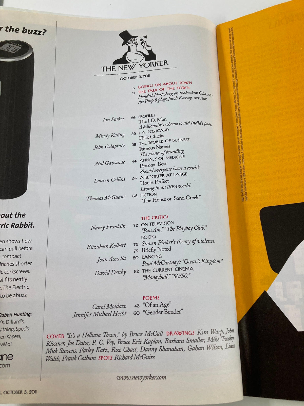 The New Yorker Magazine October 3 2011 contents page, listing articles and features within the issue, showcasing the literary offerings of the magazine.