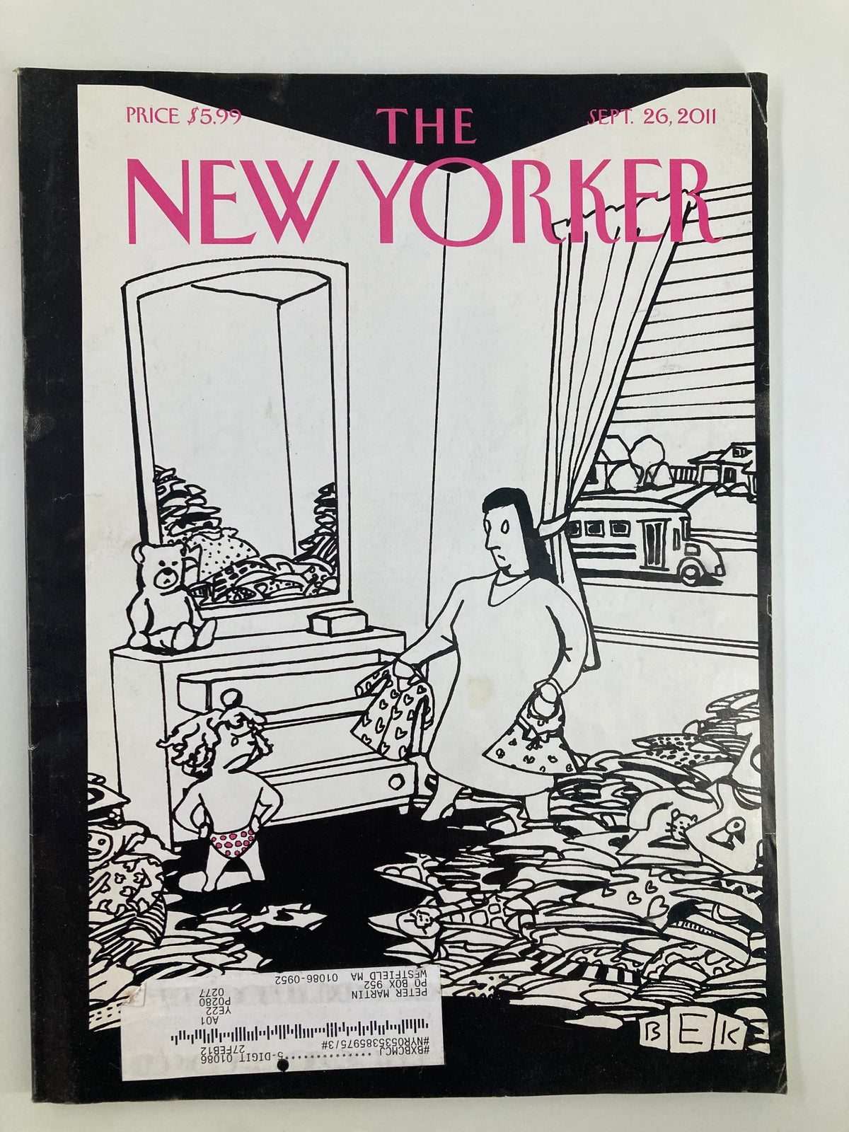 The New Yorker Magazine September 26, 2011 Cover artwork titled 'No!' by Bruce E. Kaplan showcasing a creative illustration of a domestic scene with a figure holding garments amidst a disordered environment.