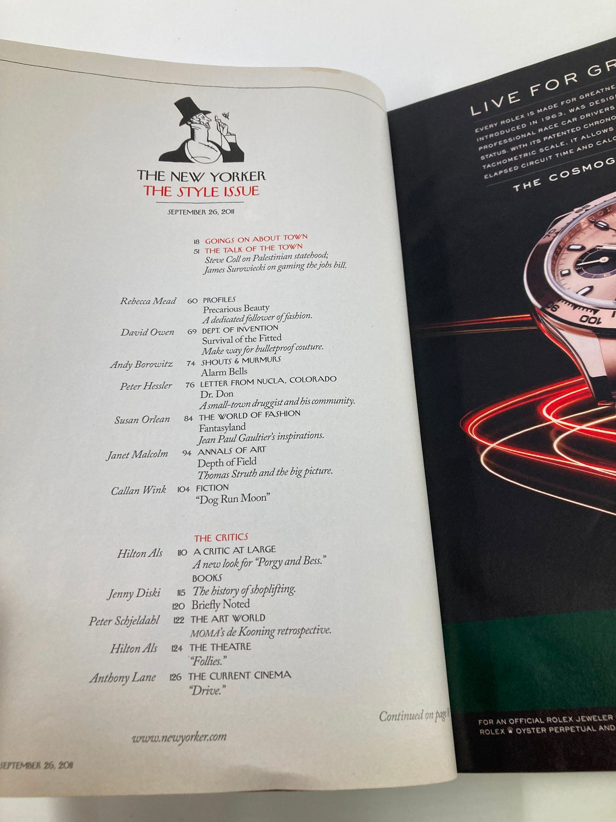Inside page of The New Yorker Magazine September 26, 2011 featuring the table of contents, highlighting various articles and contributors for the style issue.