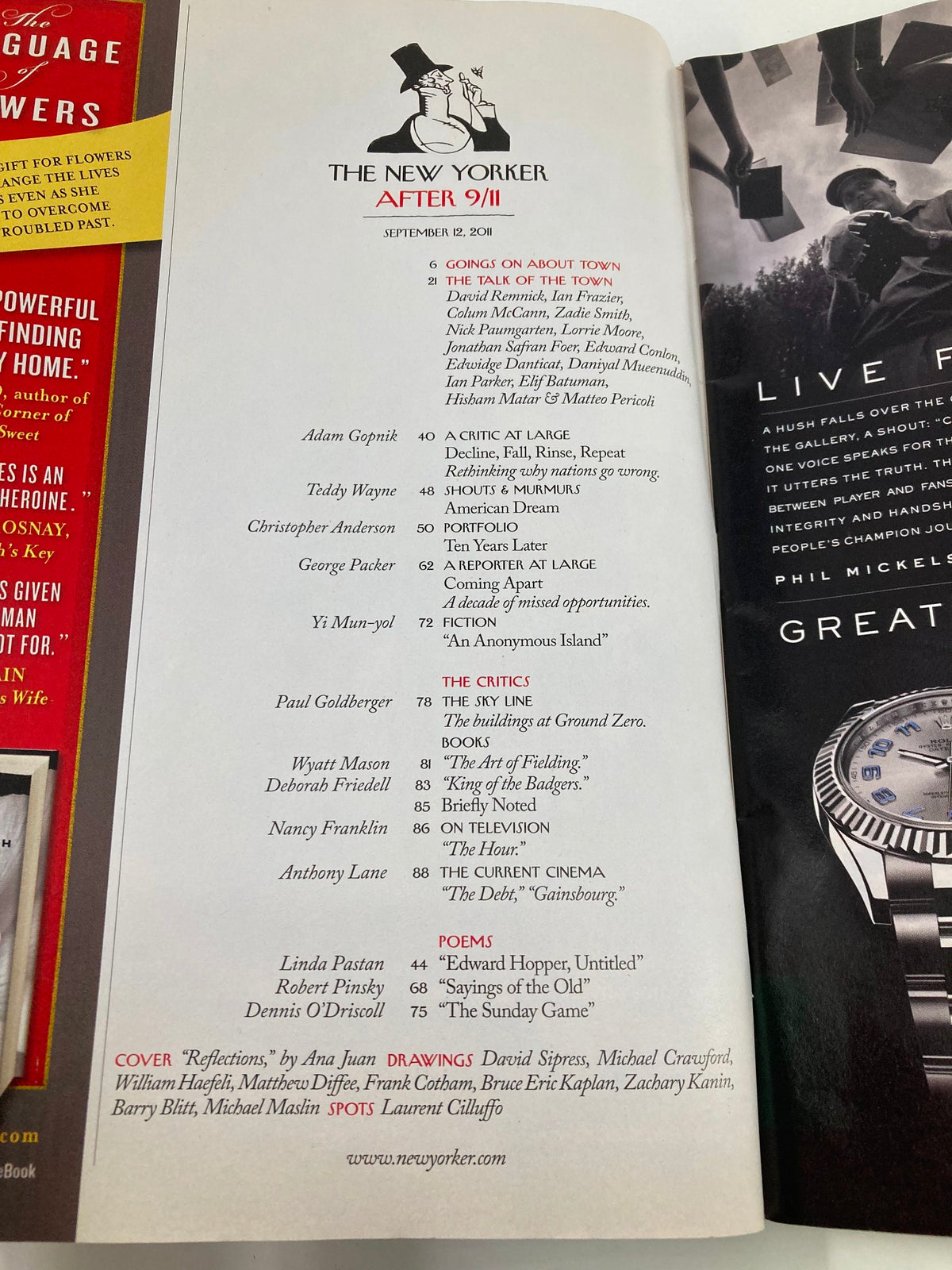 Interior page of The New Yorker Magazine, September 12, 2011, displaying contents including articles related to 'After 9/11' and contributors like Adam Gopnik and Polly Gotham.