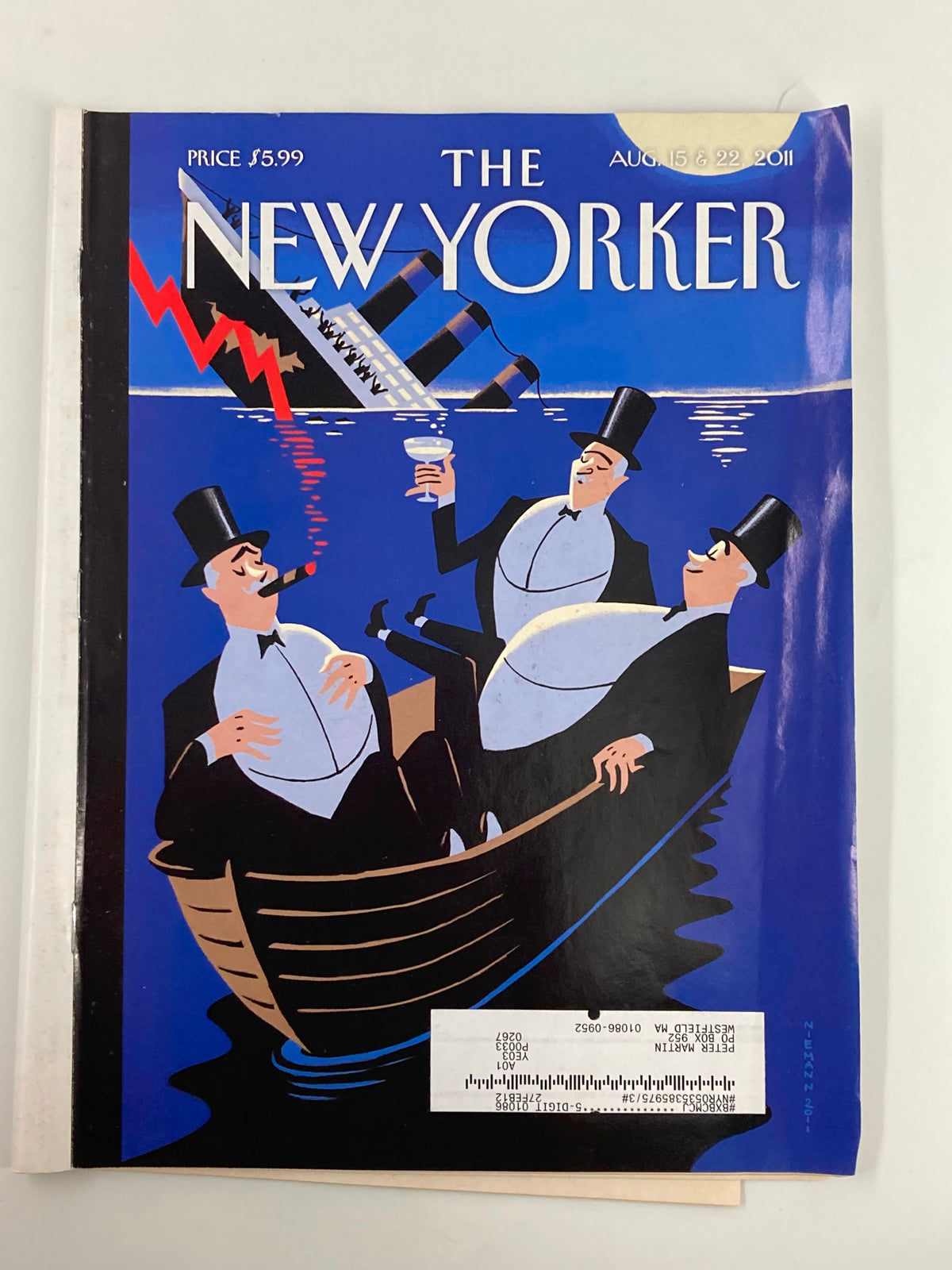 The New Yorker Magazine August 15 & 22, 2011, featuring the cover artwork 'S.O.S.' by Christoph Niemann, showcasing three men in formal attire enjoying drinks on a boat with a vibrant blue background.
