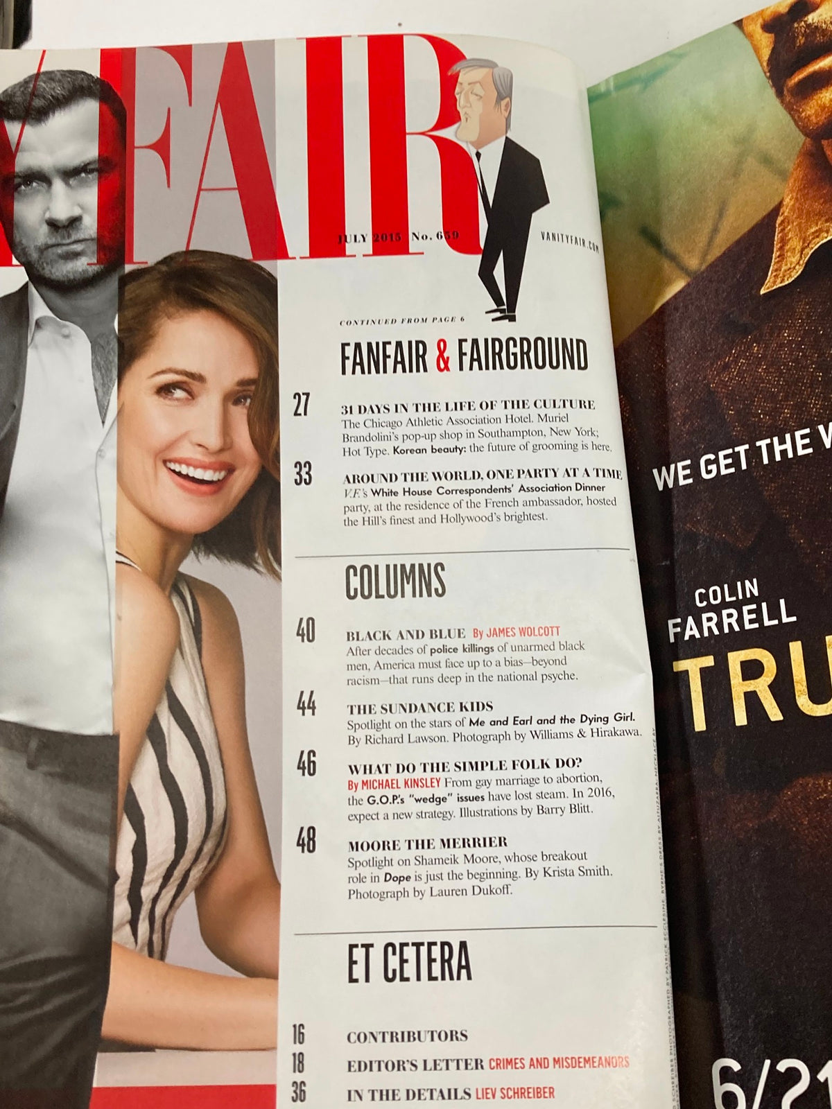 Table of contents page from Vanity Fair Magazine July 2015, showcasing articles including a notable interview with Caitlyn Jenner by Buzz Bissinger.