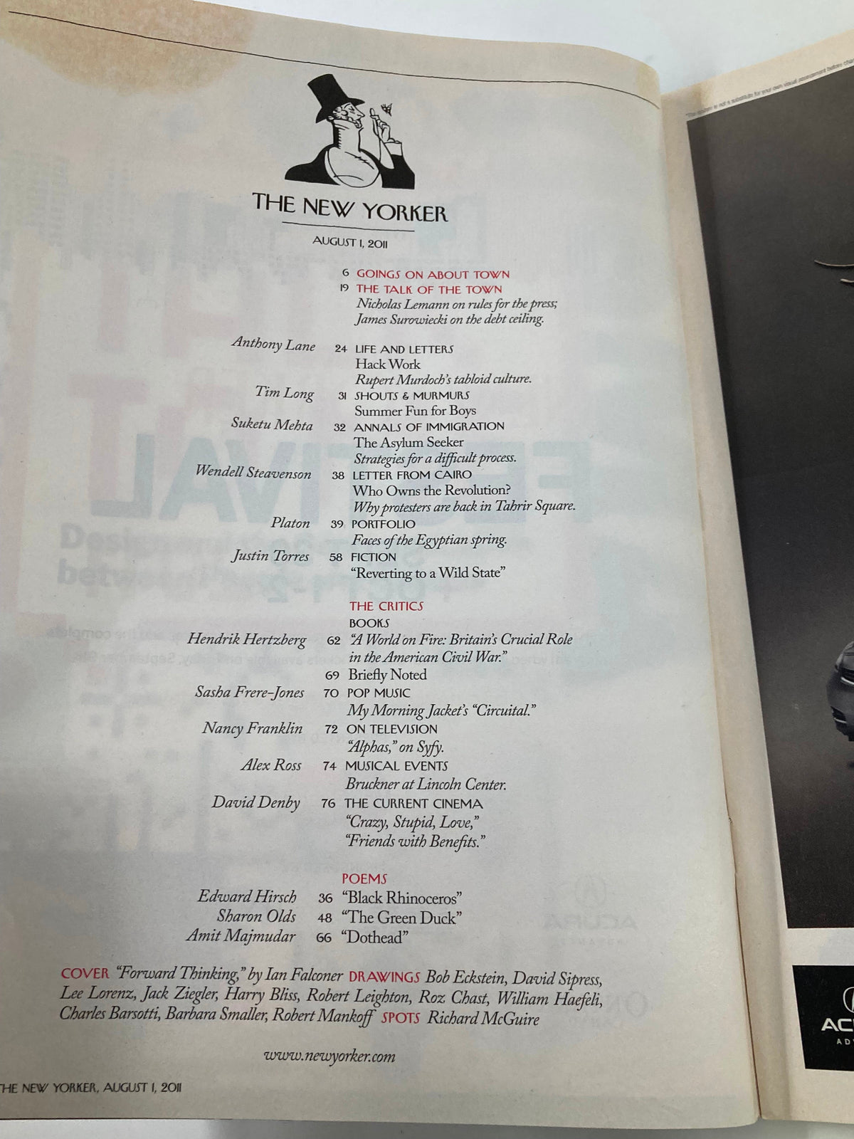 Table of contents page from The New Yorker Magazine August 1, 2011 showcasing various articles including 'Going On About Town' and contributors like Anthony Lane and Tim Long.