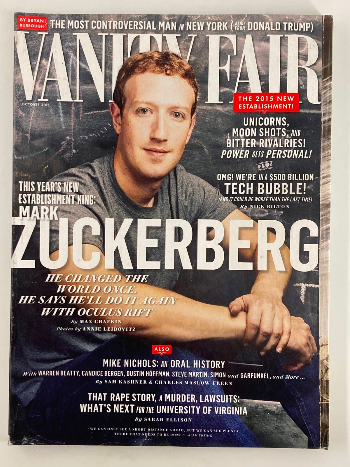 Cover of Vanity Fair Magazine October 2015 featuring Mark Zuckerberg by Max Chafkin, highlighting the theme 'This Year's Next Establishment King'.