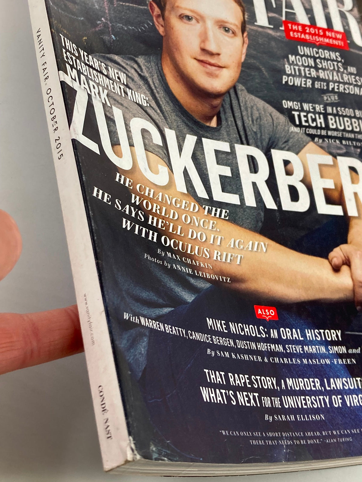 Side view of Vanity Fair Magazine October 2015 showcasing Mark Zuckerberg on the cover, with text discussing his influence and the Oculus Rift.