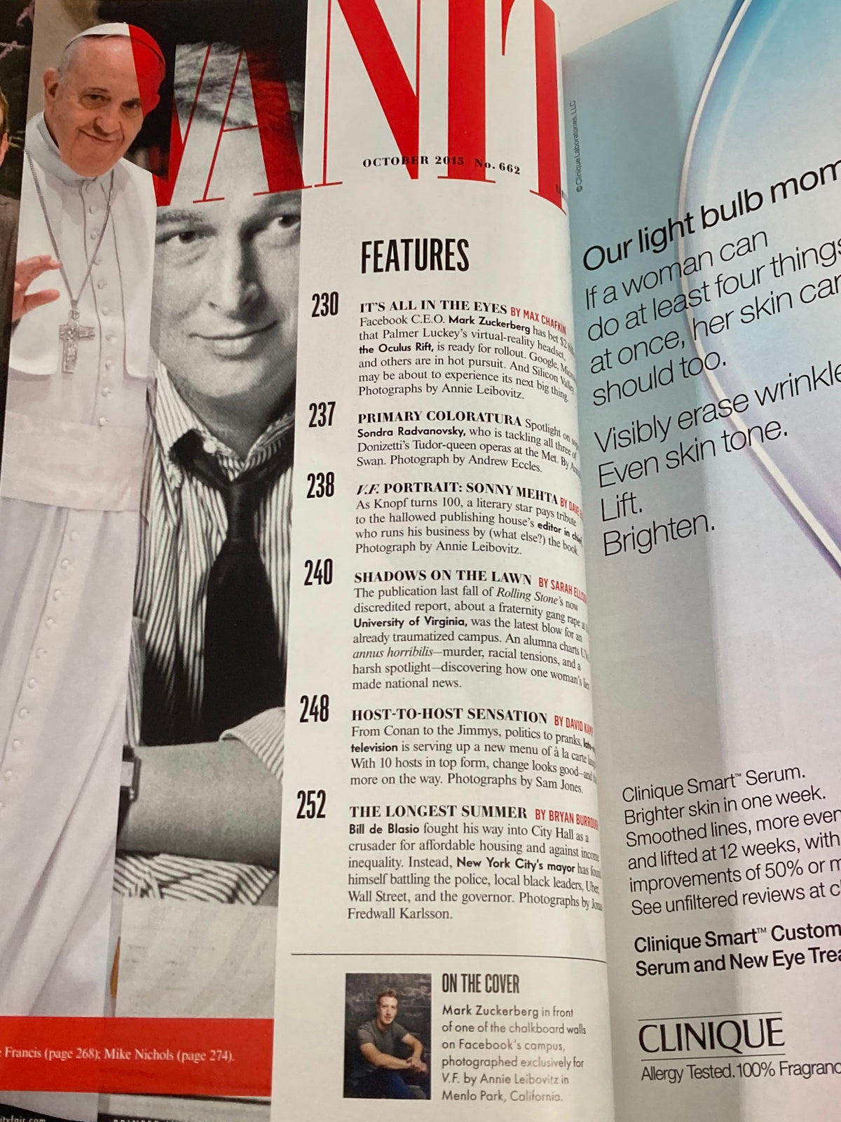 Inside page of Vanity Fair Magazine October 2015 displaying contents and features, including Mark Zuckerberg's article by Max Chafkin.