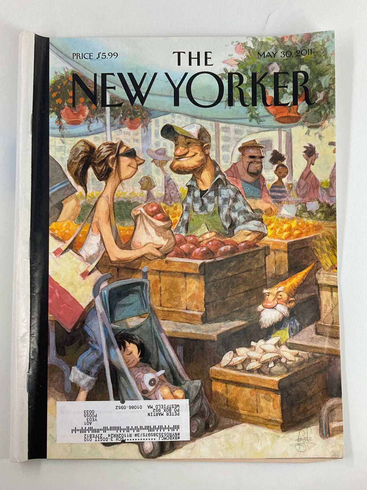 Cover of The New Yorker Magazine May 30, 2011, themed cover titled 'Small Growers' illustrated by Peter de Seve, featuring vibrant illustrations of a farmer's market scene.