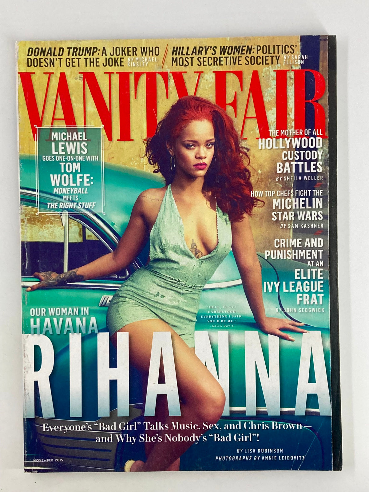 Cover of Vanity Fair Magazine, November 2015, featuring Rihanna in a stunning pose, showcasing themes of empowerment and cultural influence alongside political commentary.
