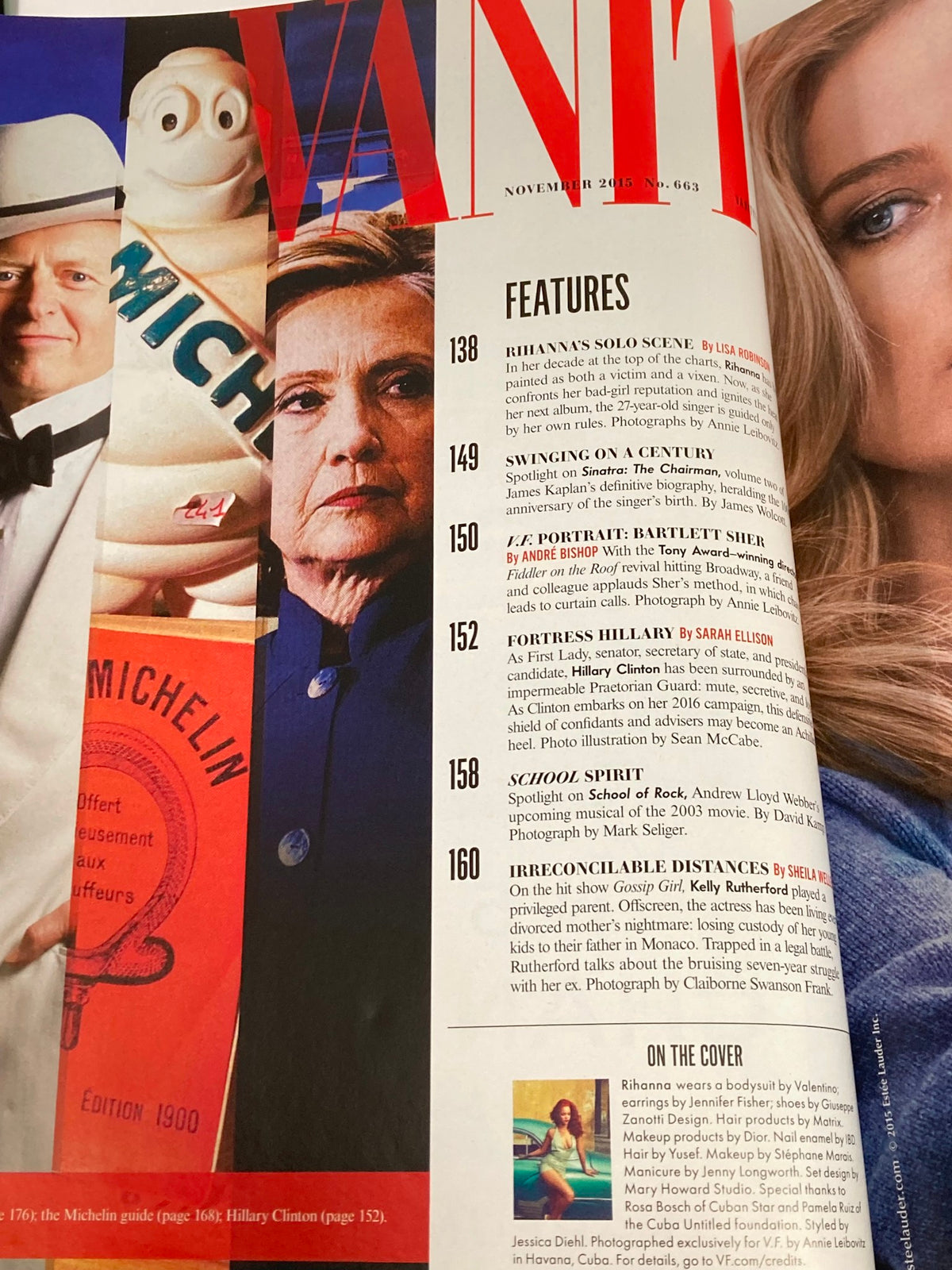 Inside page of Vanity Fair Magazine, November 2015, highlighting Hillary Clinton with features and articles that explore socio-political issues and cultural icons.