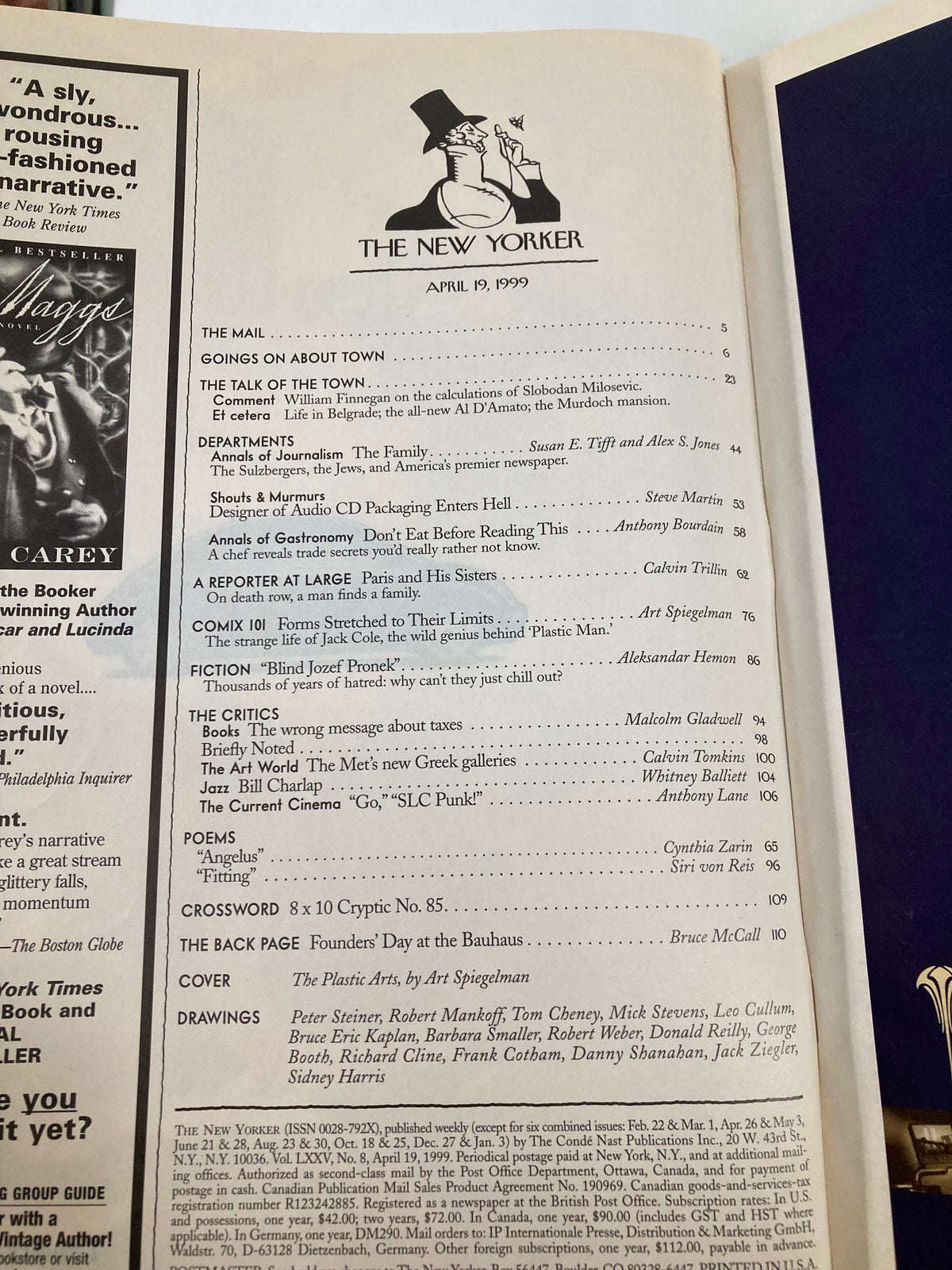 Interior page of The New Yorker Magazine dated April 19, 1999, featuring the table of contents and details about the issue including articles such as 'The Plastic Arts' by Art Spiegelman.