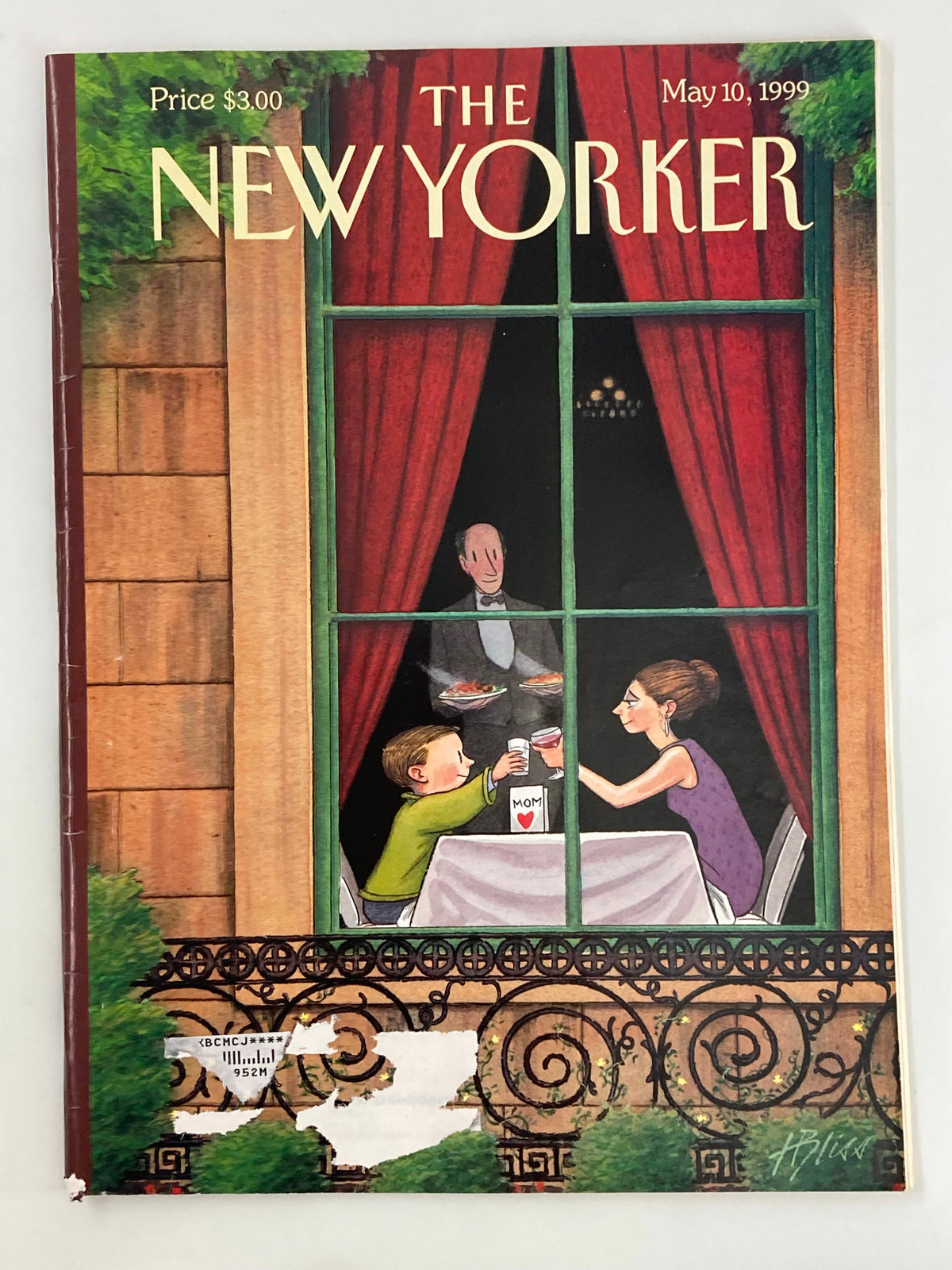 Cover of The New Yorker Magazine dated May 10, 1999, featuring a theme titled 'Here's To You Mom' by Harry Bliss, depicting a child and a woman celebrating in a restaurant, framed by crimson curtains and a charming balcony.