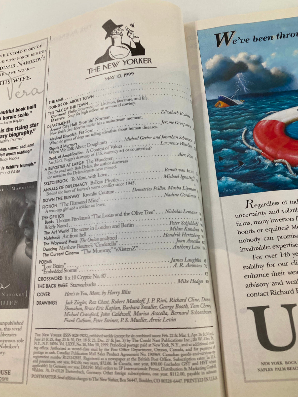 Interior page of The New Yorker Magazine from May 10, 1999, showcasing the contents list and details of the issue, including various articles and the cover feature 'Here's To You Mom' by Harry Bliss.