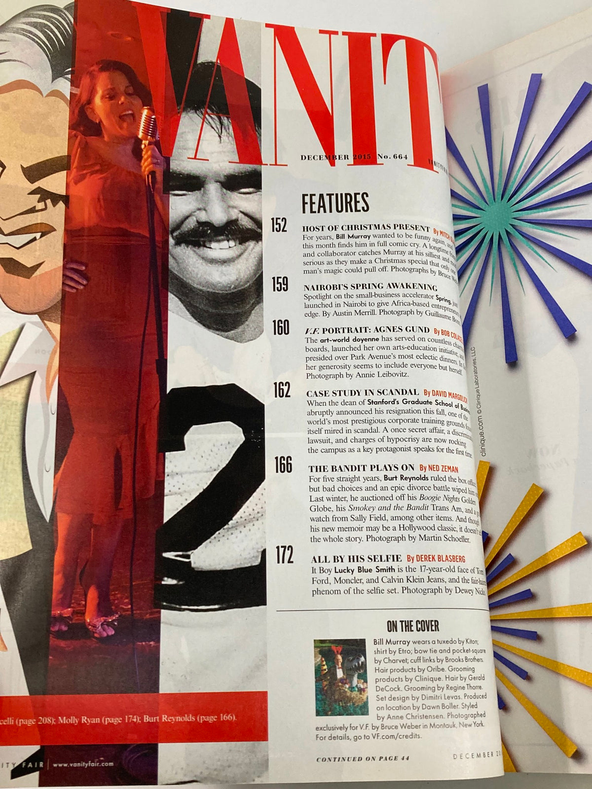 Inside view of Vanity Fair Magazine December 2015 showcasing features and articles, including the iconic Bill Murray issue and festive illustrations, enriching the magazine's cultural importance.