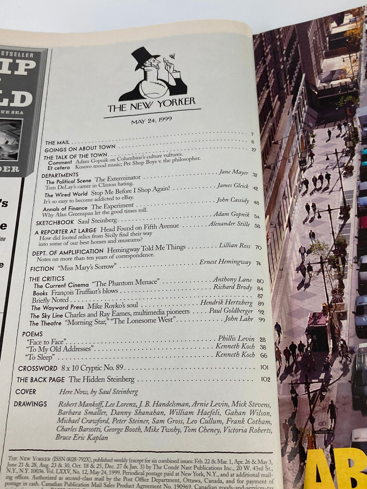 The New Yorker Magazine May 24 1999 Theme Cover Here Now by Saul Steinberg - Features the magazine's table of contents, showcasing articles and illustrations from the issue, highlighting the cultural and social narratives of the late 90s.