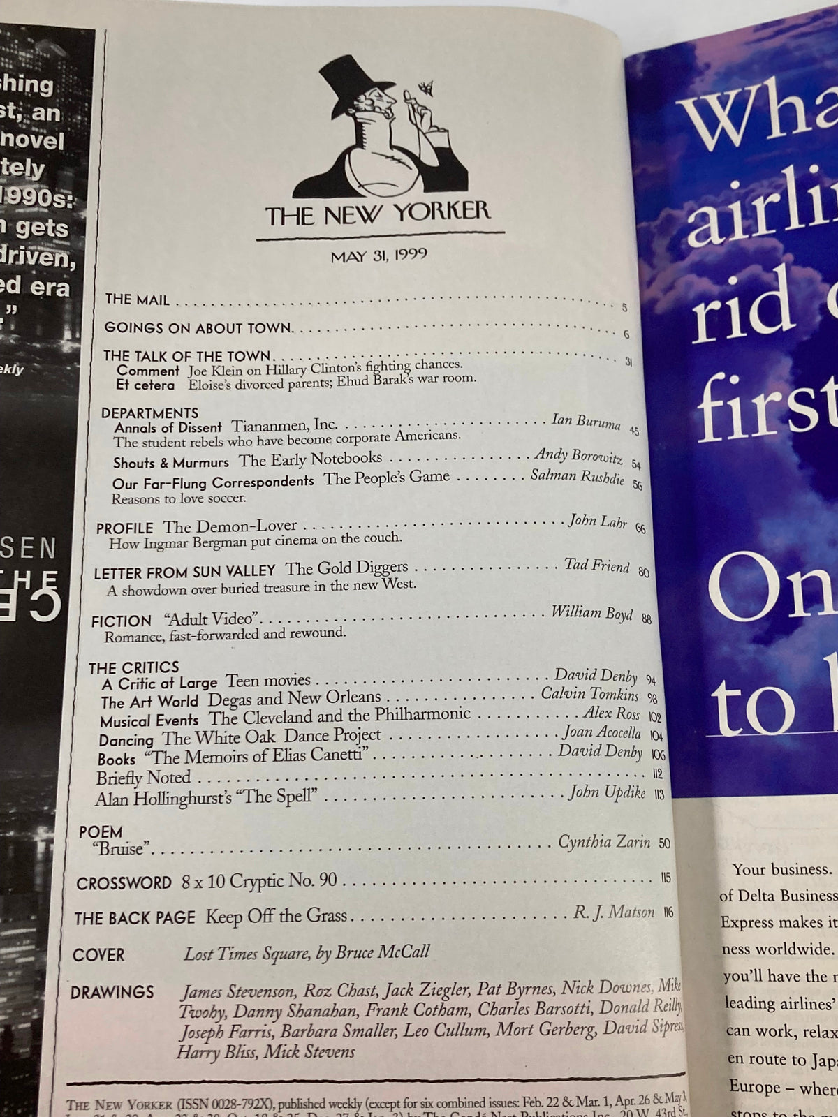 Table of contents from The New Yorker magazine, May 31, 1999 edition, showcasing articles and features including 'Lost Times in Square' by Bruce McCall.