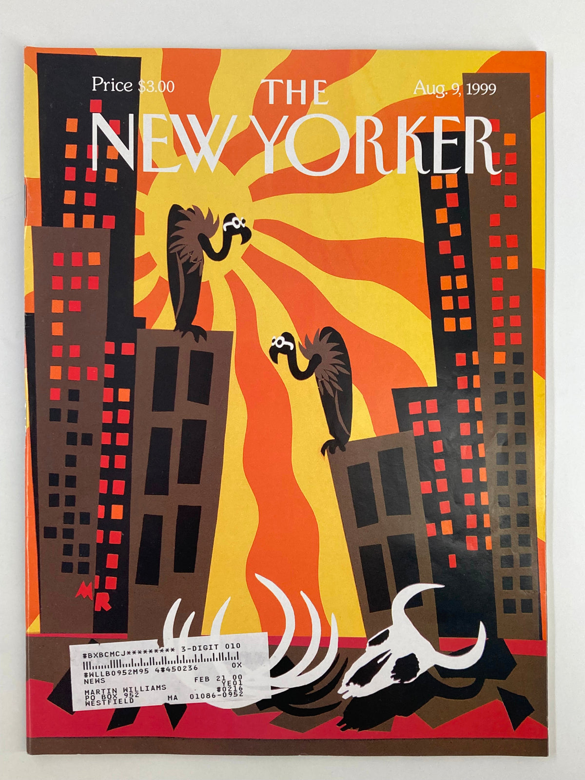 The New Yorker Magazine August 9 1999 cover featuring vibrant artwork titled Heat Wave by Michael Roberts, depicting stylized buildings and cartoon vultures against a sunny orange background.