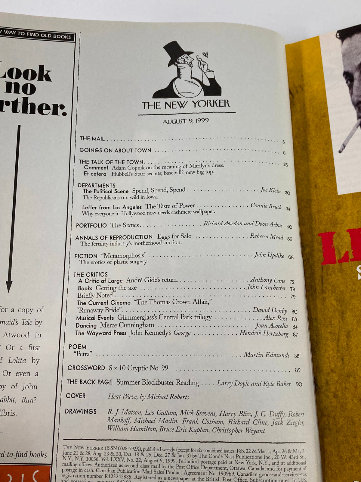 Inside page of The New Yorker Magazine August 9 1999 displaying the table of contents, featuring articles and sections such as 'The Talk of the Town' and portfolio pieces.