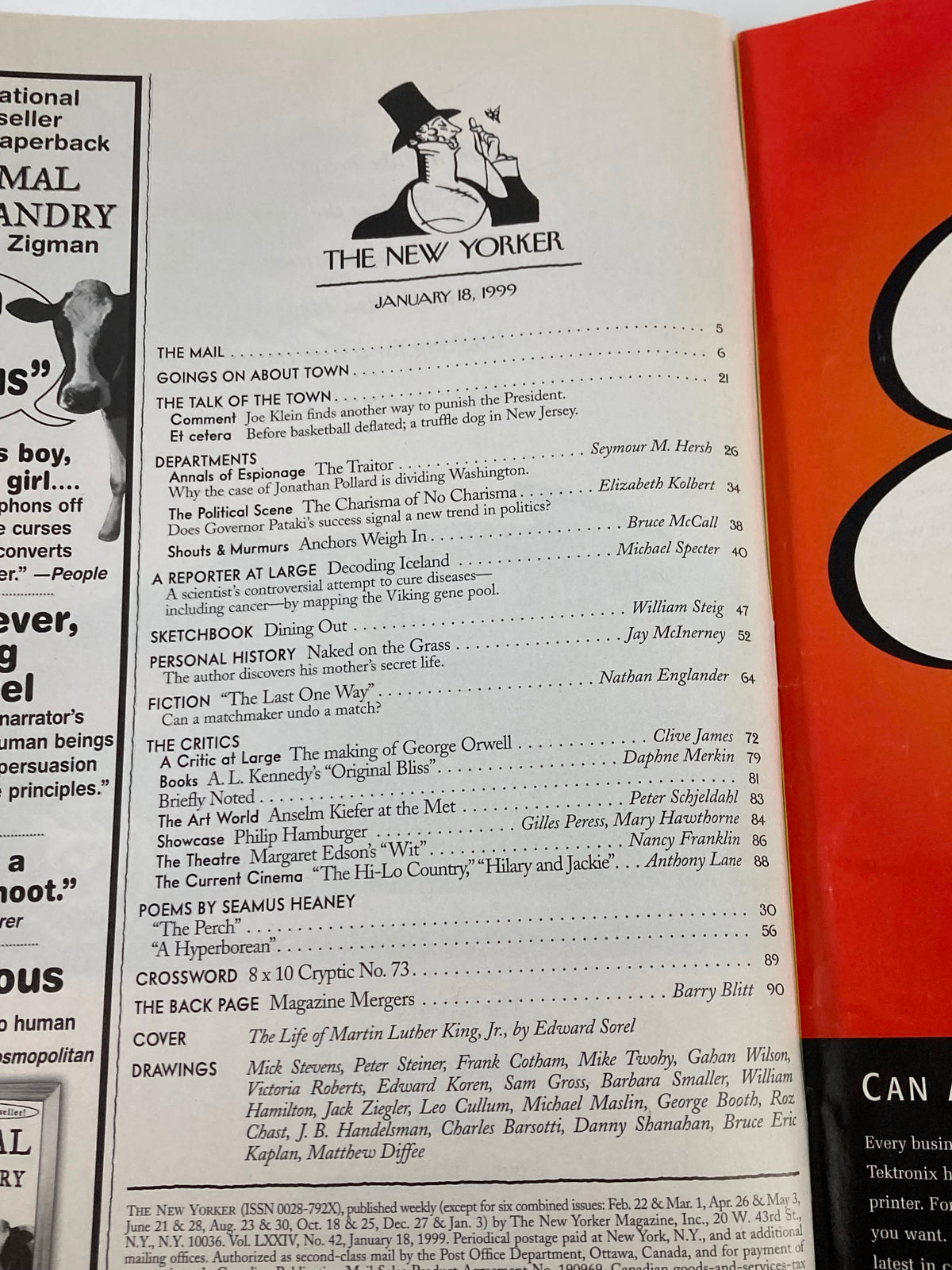 Inside page of The New Yorker Magazine January 18 1999, including the table of contents highlighting featured articles and stories.