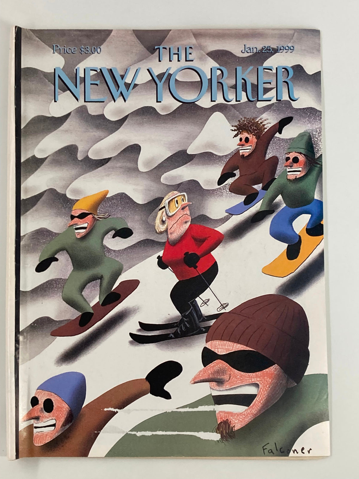 Cover illustration of The New Yorker Magazine January 25, 1999, featuring vibrant artwork titled 'Down the Hill' by Ian Falconer, showcasing playful skiers and snowboarders in a whimsical winter scene.