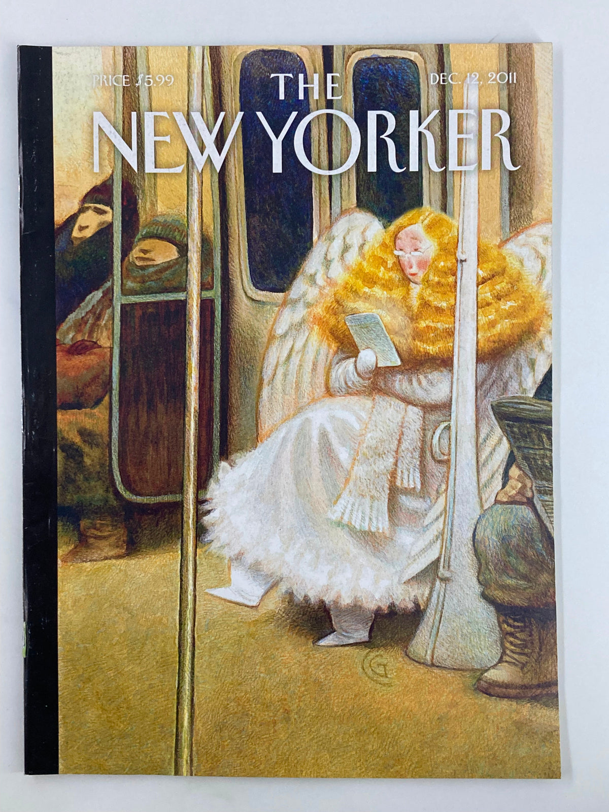 Cover of The New Yorker Magazine December 12, 2011, featuring 'Subway Angel' by Carter Goodrich. The illustration depicts a serene angel with golden hair reading on a subway train, surrounded by urban passengers, reflecting New York City’s vibrant culture.