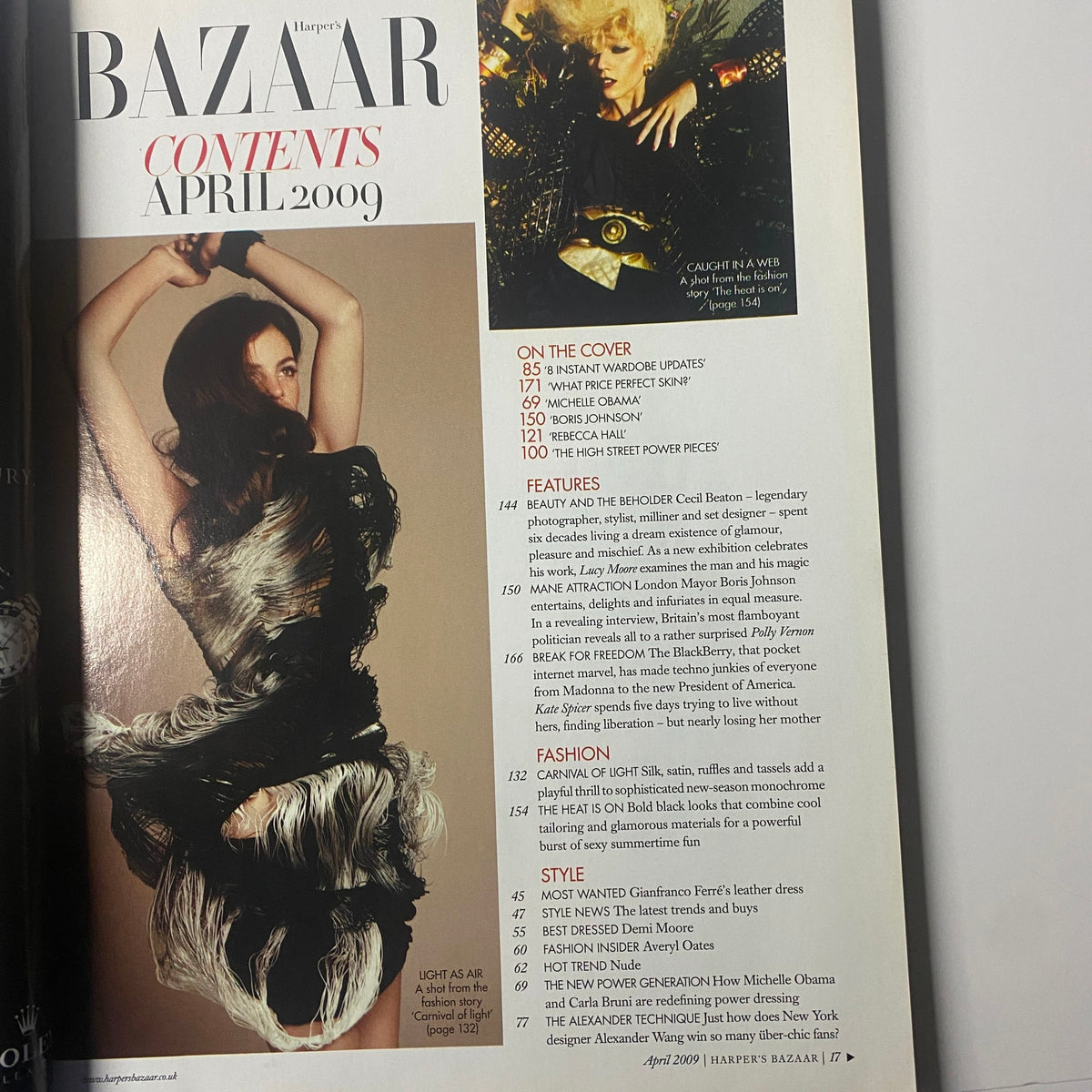 Contents page of Harper's Bazaar British Magazine April 2009, outlining features like 'Beauty and the Beholder', 'Michelle Obama', and 'The High Street Power Pieces'.