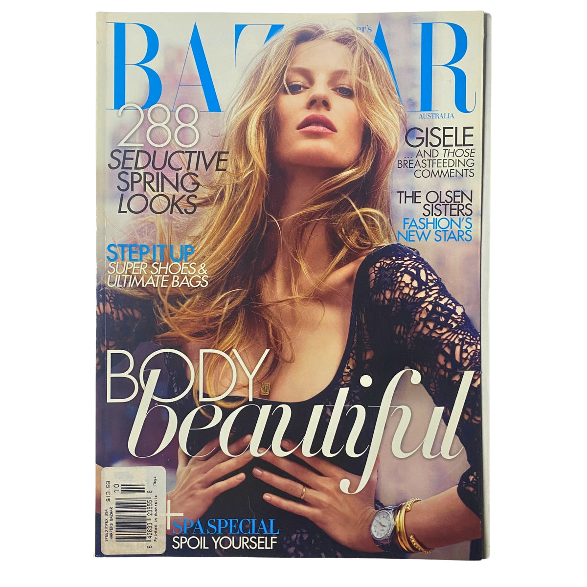 Harper's Bazaar Australia Magazine October 2010 featuring Gisele Bündchen on the cover, showcasing a glamorous fashion spread with the text 'Body Beautiful' prominently displayed.