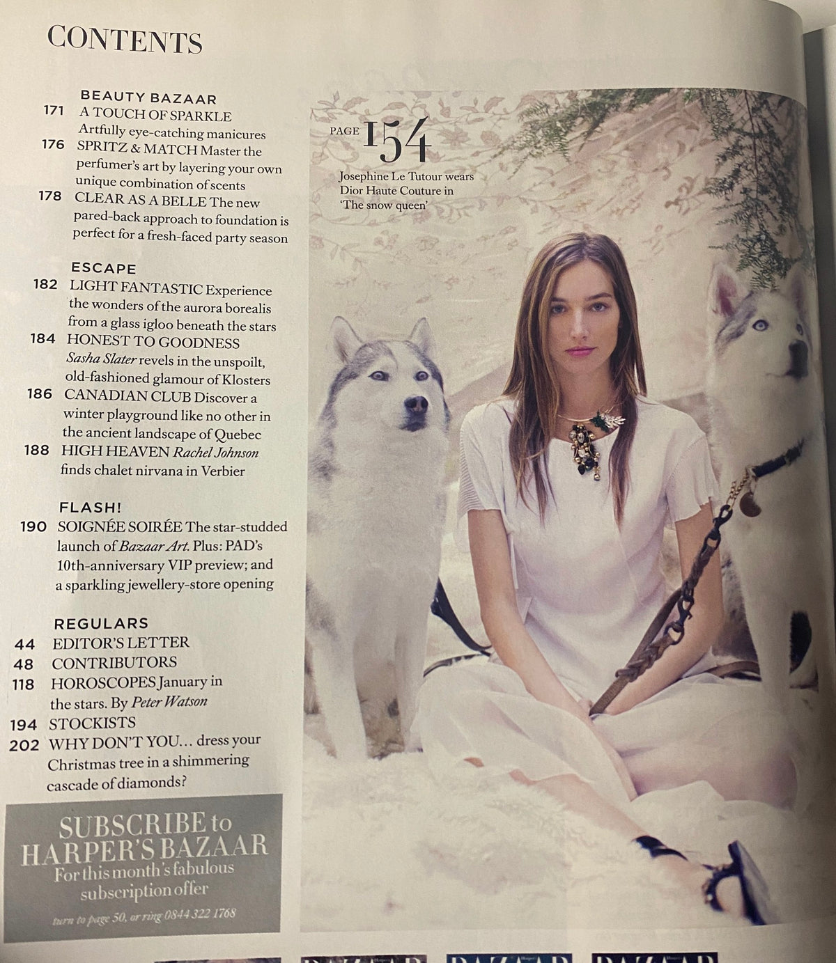 Contents page from Harper's Bazaar British Magazine January 2017, highlighting features on winter fashion and style, alongside images of models with wolves.