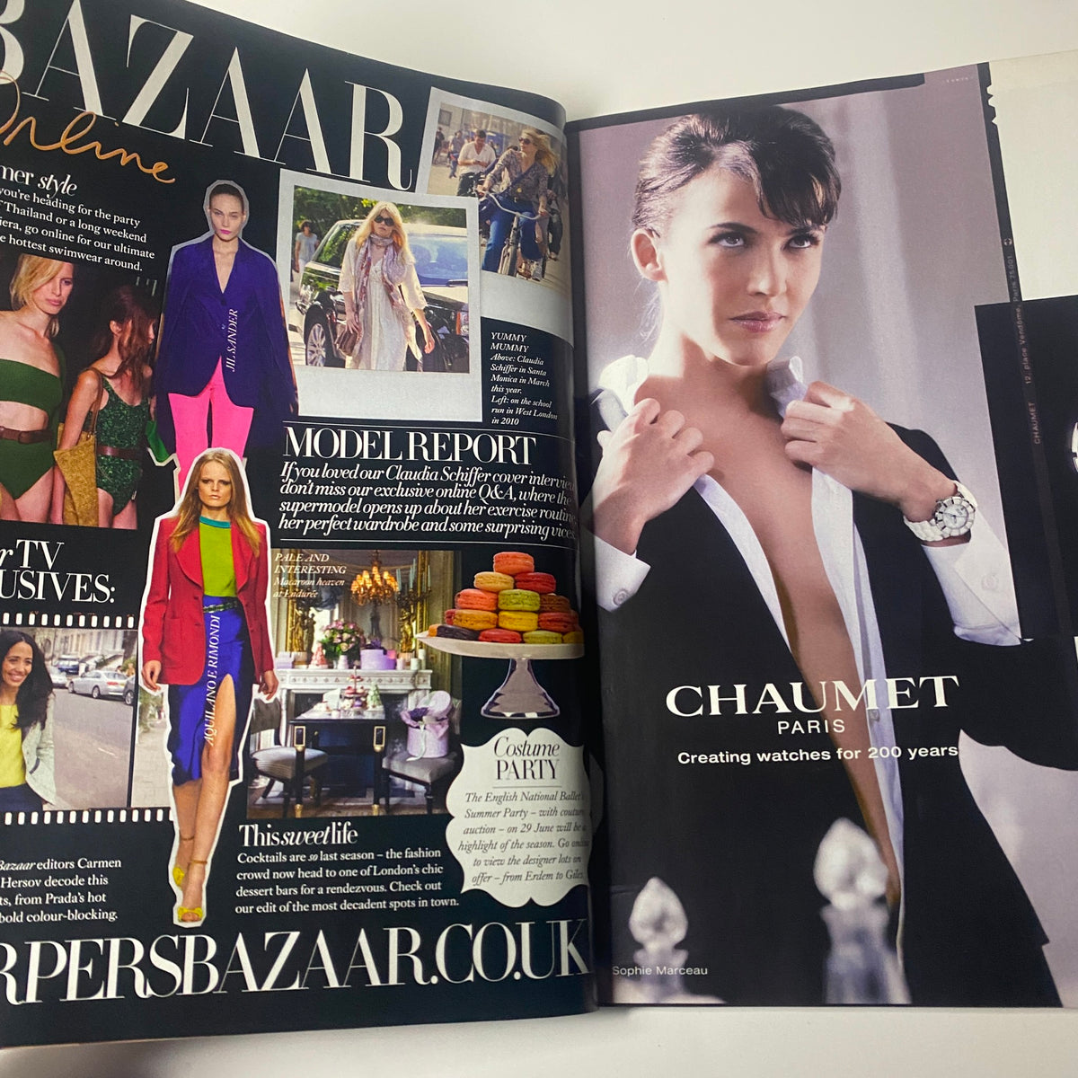 Page from Harper's Bazaar UK Magazine July 2011 featuring Claudia Schiffer along with a model report and an advertisement for Chaumet Paris watches.
