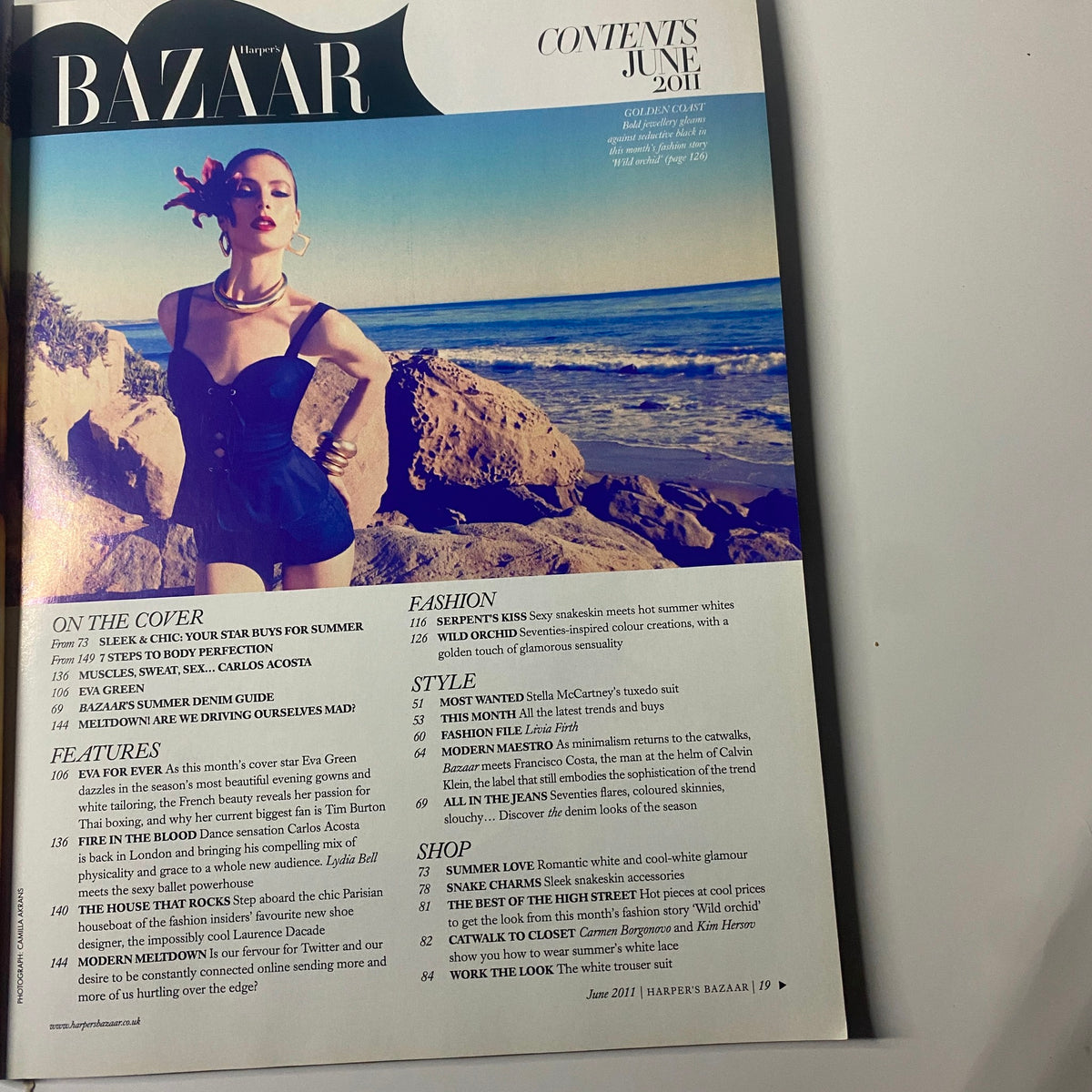Contents page of Harper's Bazaar UK Magazine June 2011, highlighting featured articles including Eva Green and Carlos Acosta.