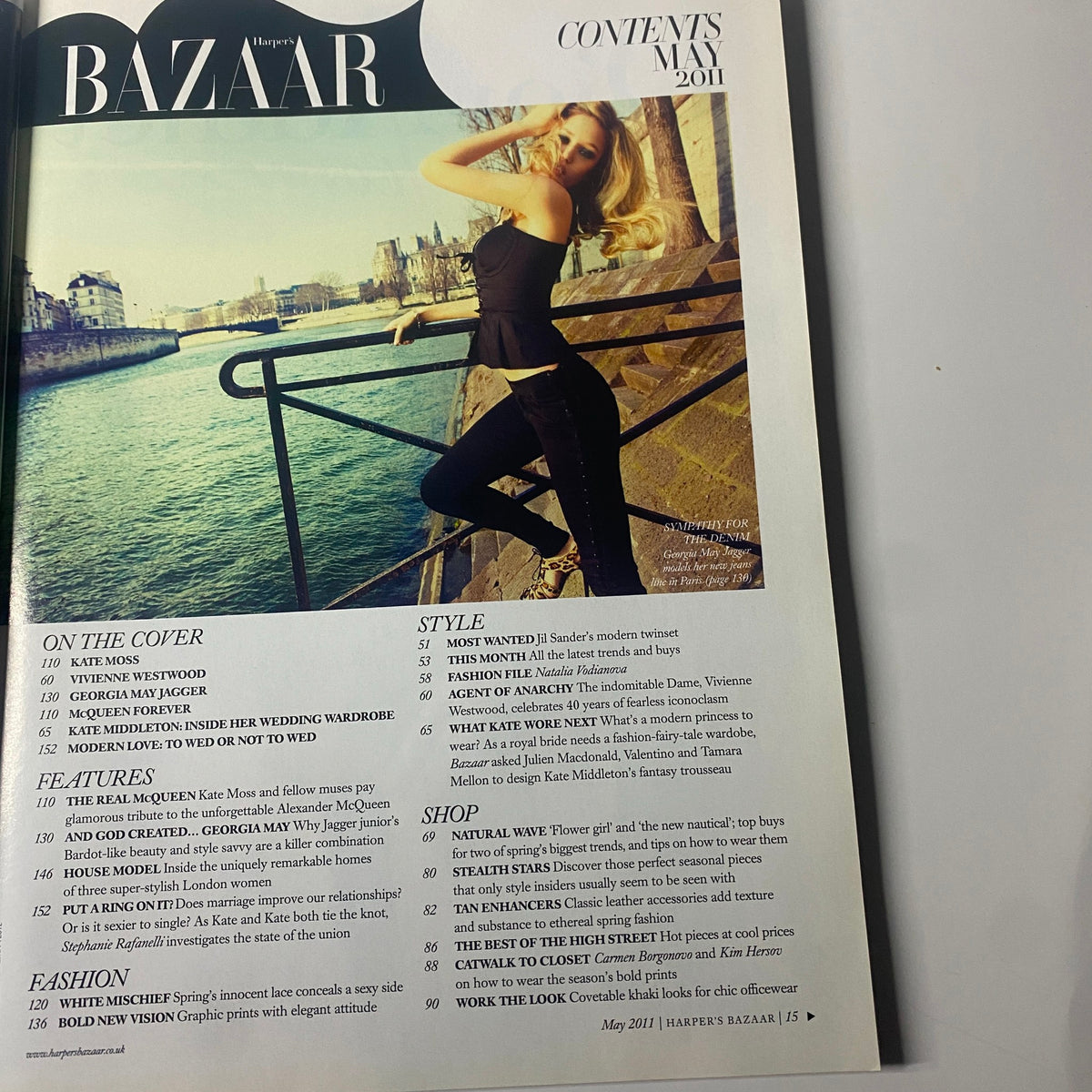 Contents page of Harper's Bazaar UK Magazine May 2011, listing featured articles including Kate Moss, Georgia May Jagger, wedding wardrobe insights, and fashion trends.
