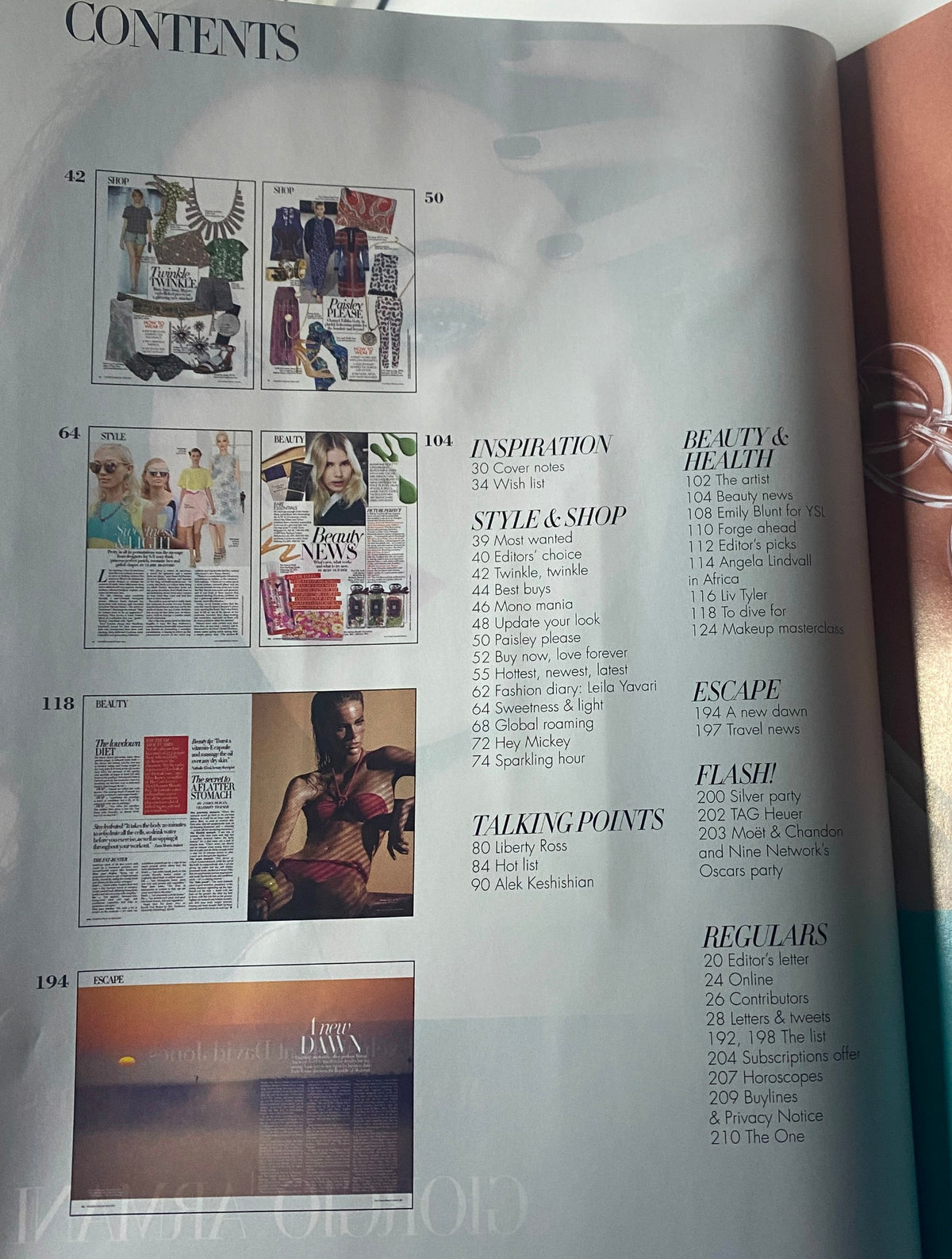 Contents page of Harper's Bazaar Australia Magazine May 2012, listing features including Gwyneth Paltrow's cover story, fashion features, and editorials.
