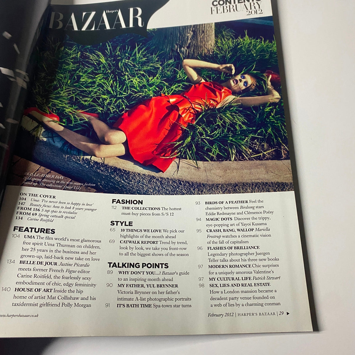 Inside content page of Harper's Bazaar UK Magazine February 2012 highlighting fashion collections, featuring a model in a vibrant dress among editorial listings.