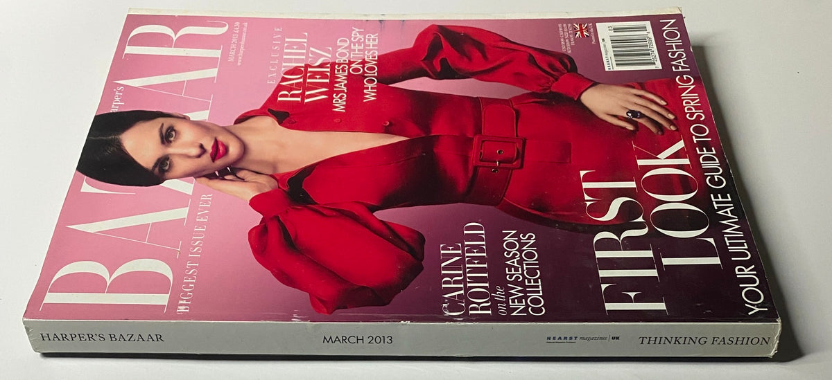 Side view of Harper's Bazaar UK Magazine March 2013 with Rachel Weisz on the cover, showcasing the vibrant colors and text - 'Carine Roitfeld on the New Season Collections'.