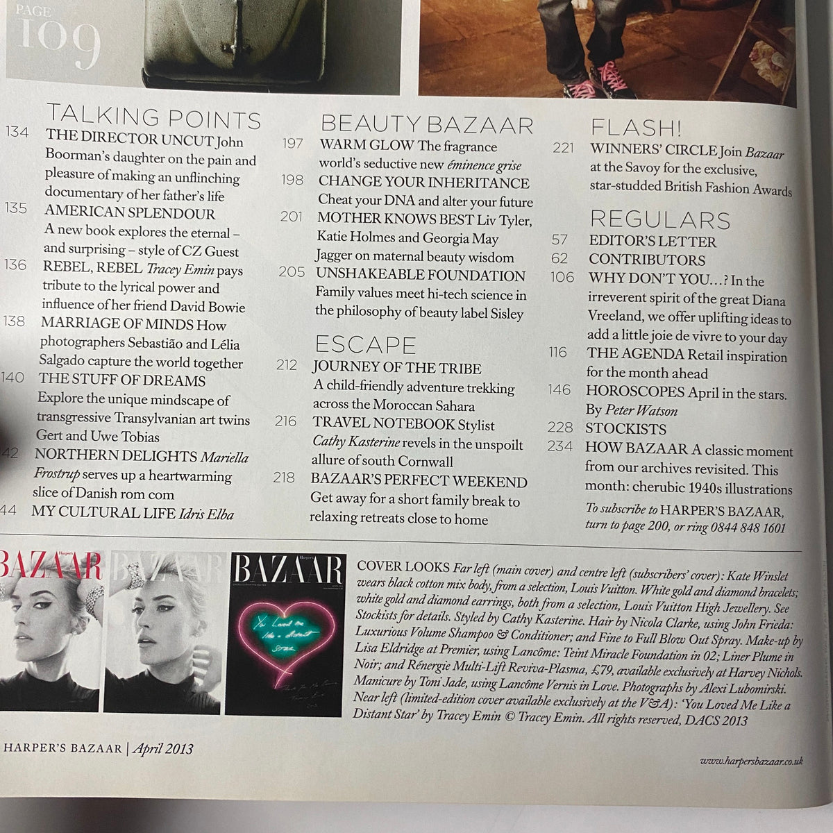 Harper's Bazaar UK Magazine April 2013 Articles Page - An inside glance featuring editorial content discussing fashion trends and insights, including interviews and accessory highlights from the issue.