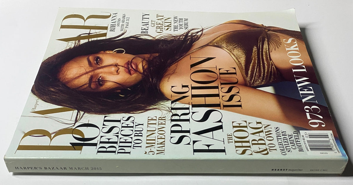 Back cover of Harper's Bazaar Magazine March 2015 highlighting Rihanna on the cover, emphasizing style and design elements.