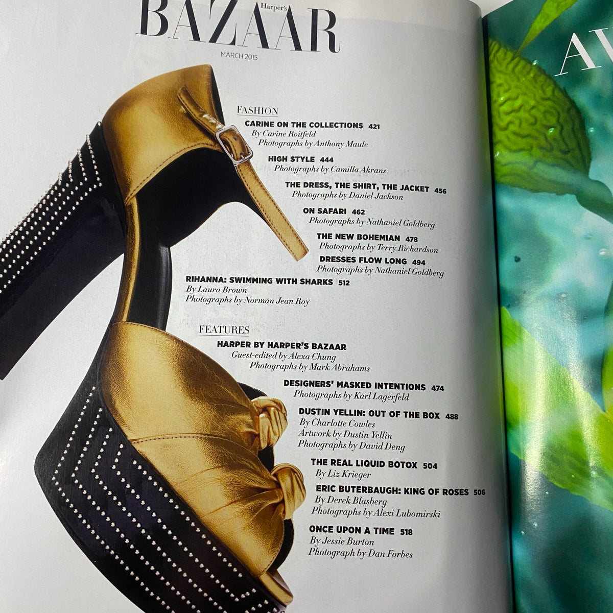 Page showcasing a designer shoe in Harper's Bazaar Magazine March 2015, highlighting fashion trends and editorial styling.