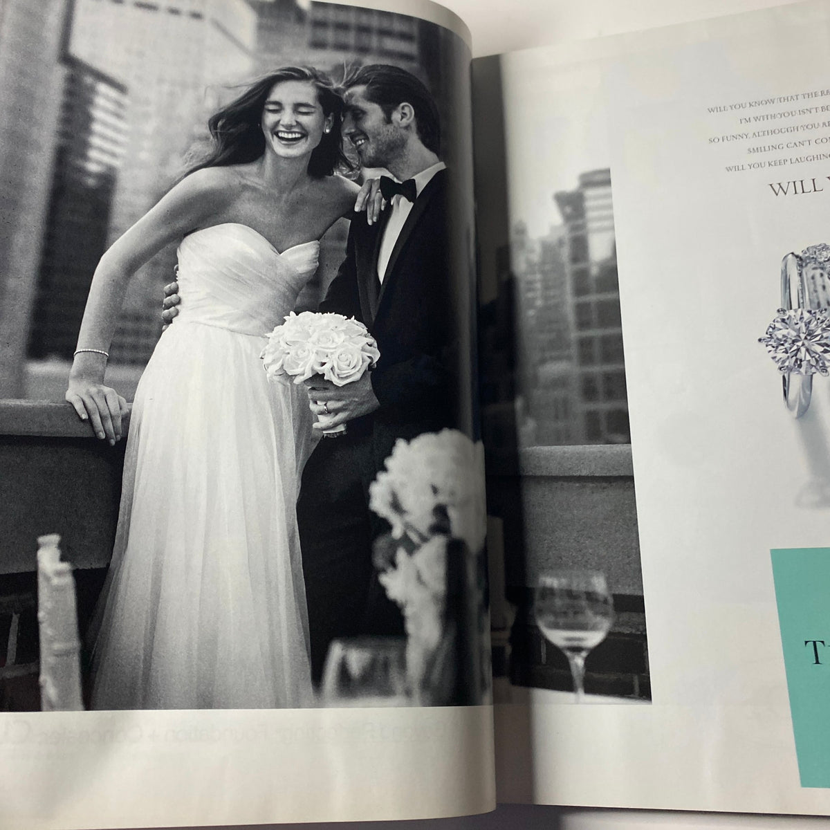 Black and white bridal photo from Harper's Bazaar UK Magazine March 2015, featuring a couple in a stylish wedding setting.