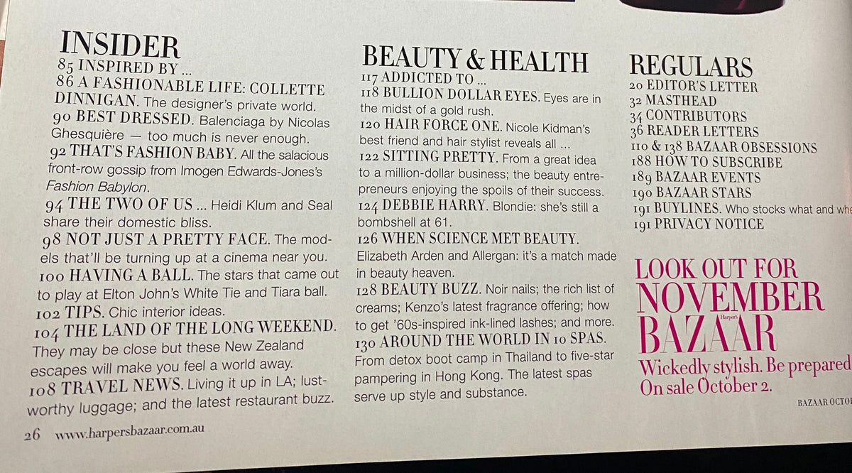 Inside page of Harper's Bazaar Australia Magazine October 2006 featuring the 'Insider' and 'Beauty & Health' sections with highlights on fashion and wellness.
