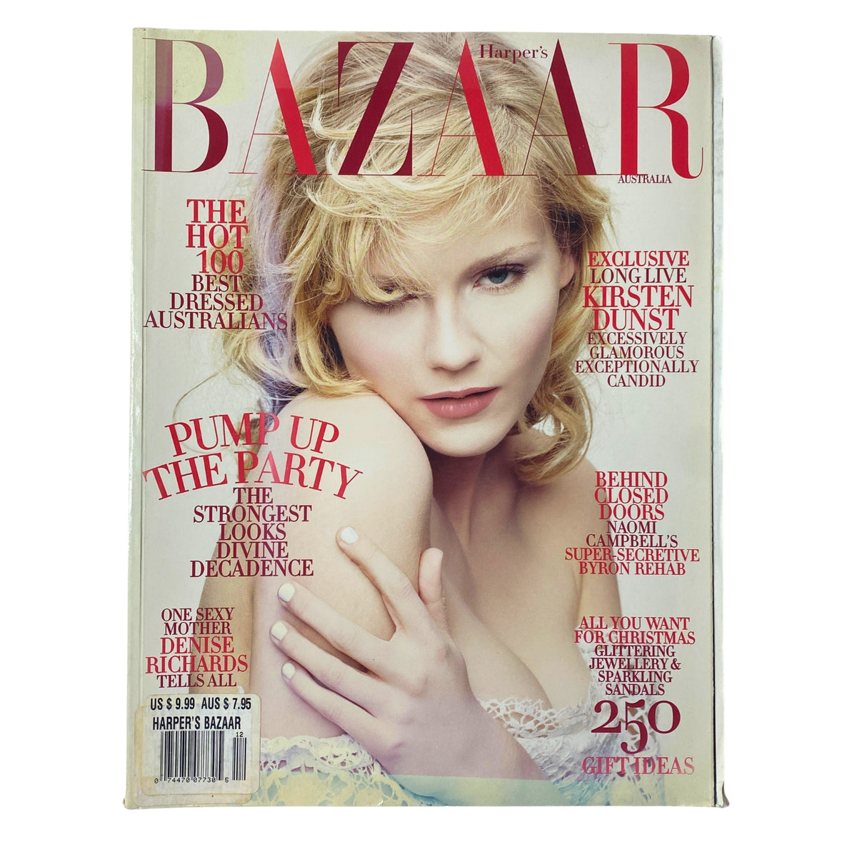 Cover of Harper's Bazaar Australia Magazine December 2006 featuring Kirsten Dunst with a focus on fashion and holiday gifting ideas.