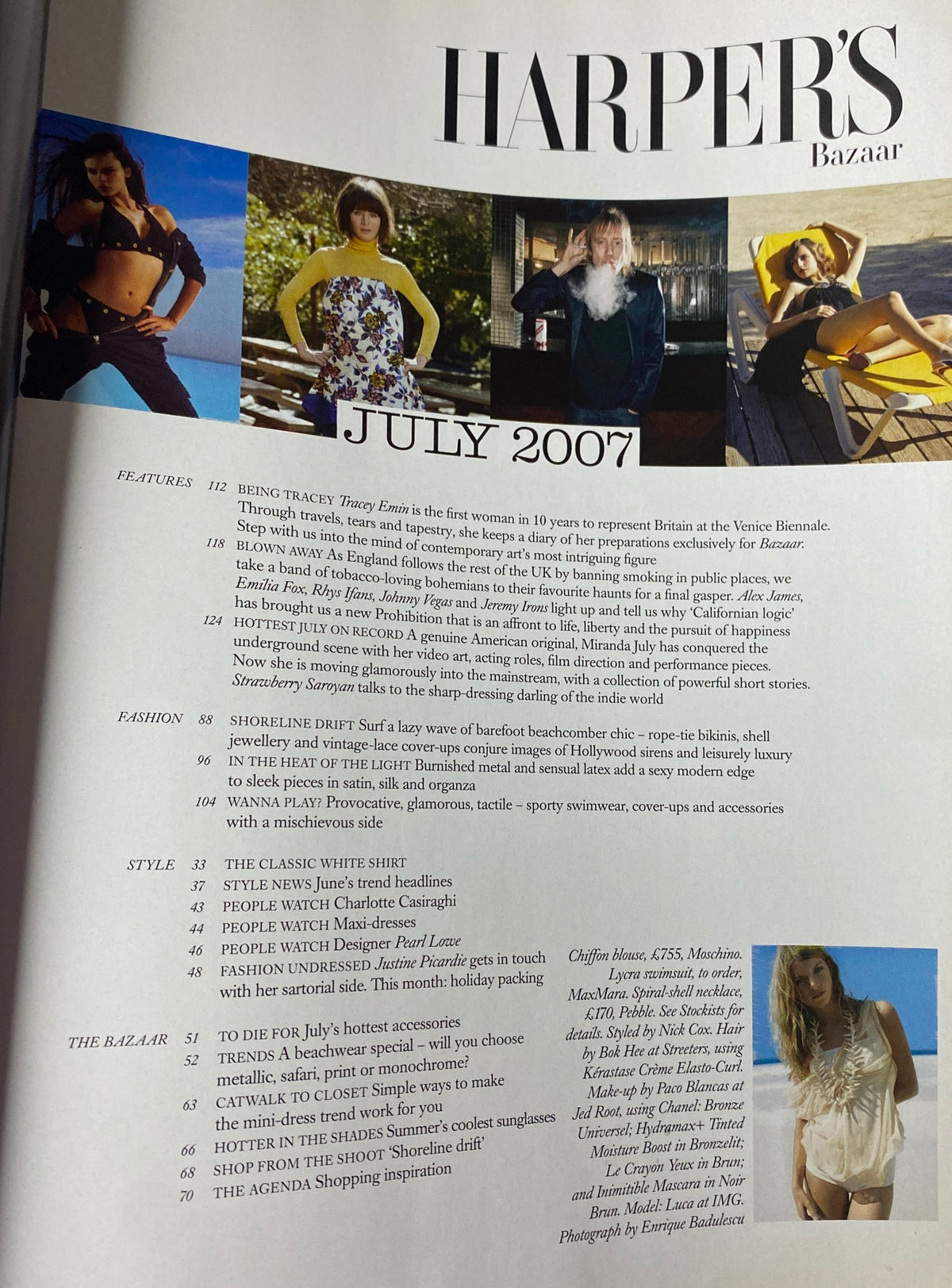 Table of contents page from Harper's Bazaar British Magazine July 2007 outlining features, fashion editorials, and highlights of the issue.