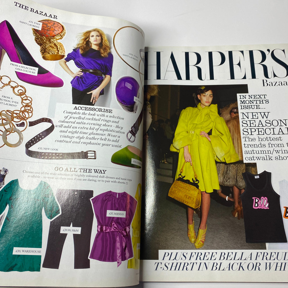 Advertising spread from Harper's Bazaar British Magazine July 2007 featuring vibrant accessories and fashion items, promoting the next issue's highlights.
