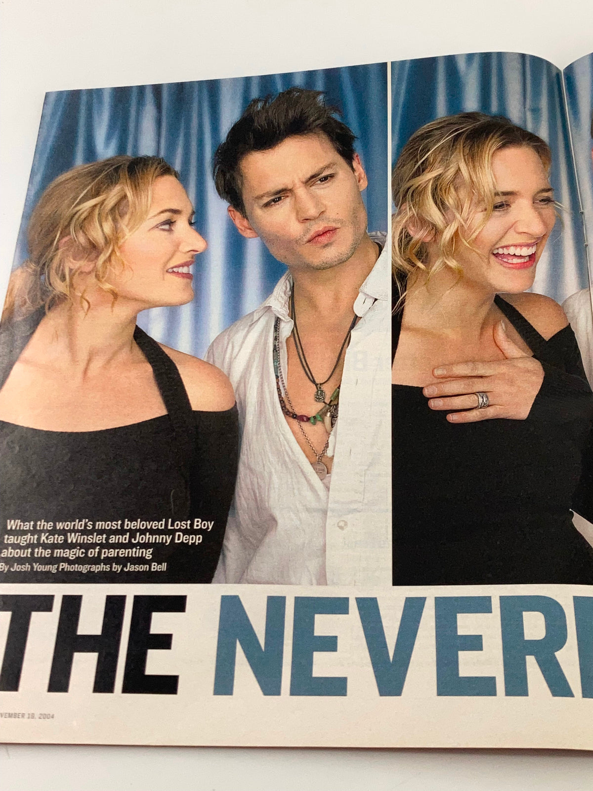 Inside spread of Life Magazine Newspaper Insert featuring portraits of Kate Winslet and Johnny Depp, discussing insights from their experiences, November 19, 2004.