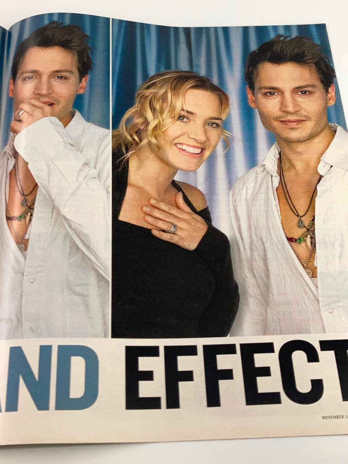 Close-up view of Kate Winslet and Johnny Depp in Life Magazine Newspaper Insert, showcasing their expressions and fashion, dated November 19, 2004.