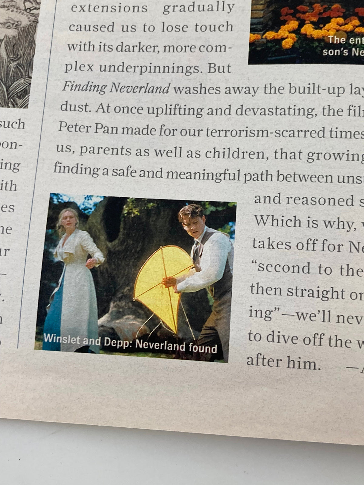 Image from Life Magazine Newspaper Insert featuring a scene from 'Finding Neverland' with Kate Winslet and Johnny Depp, highlighting their roles, November 19, 2004.