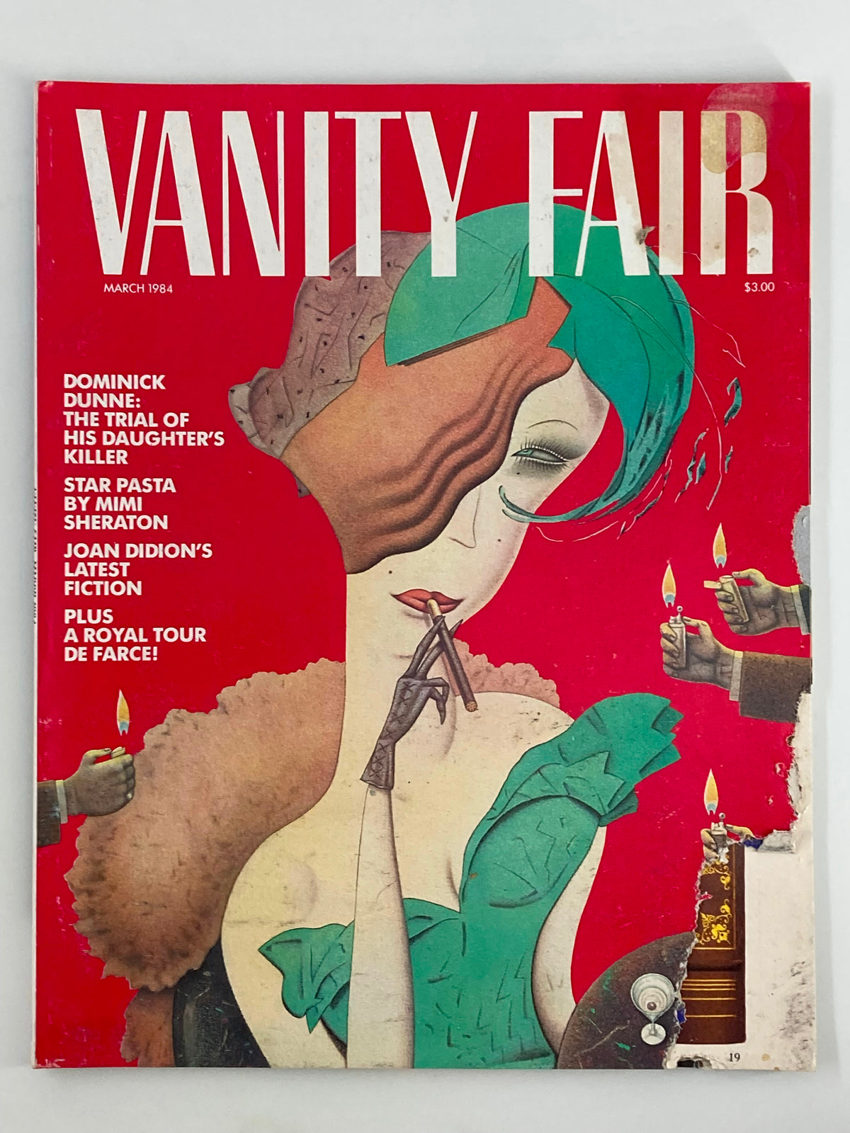 Vintage Vanity Fair Magazine from March 1984 featuring artistic cover illustration, highlighting Dominick Dunne's article and Joan Didion's fiction.