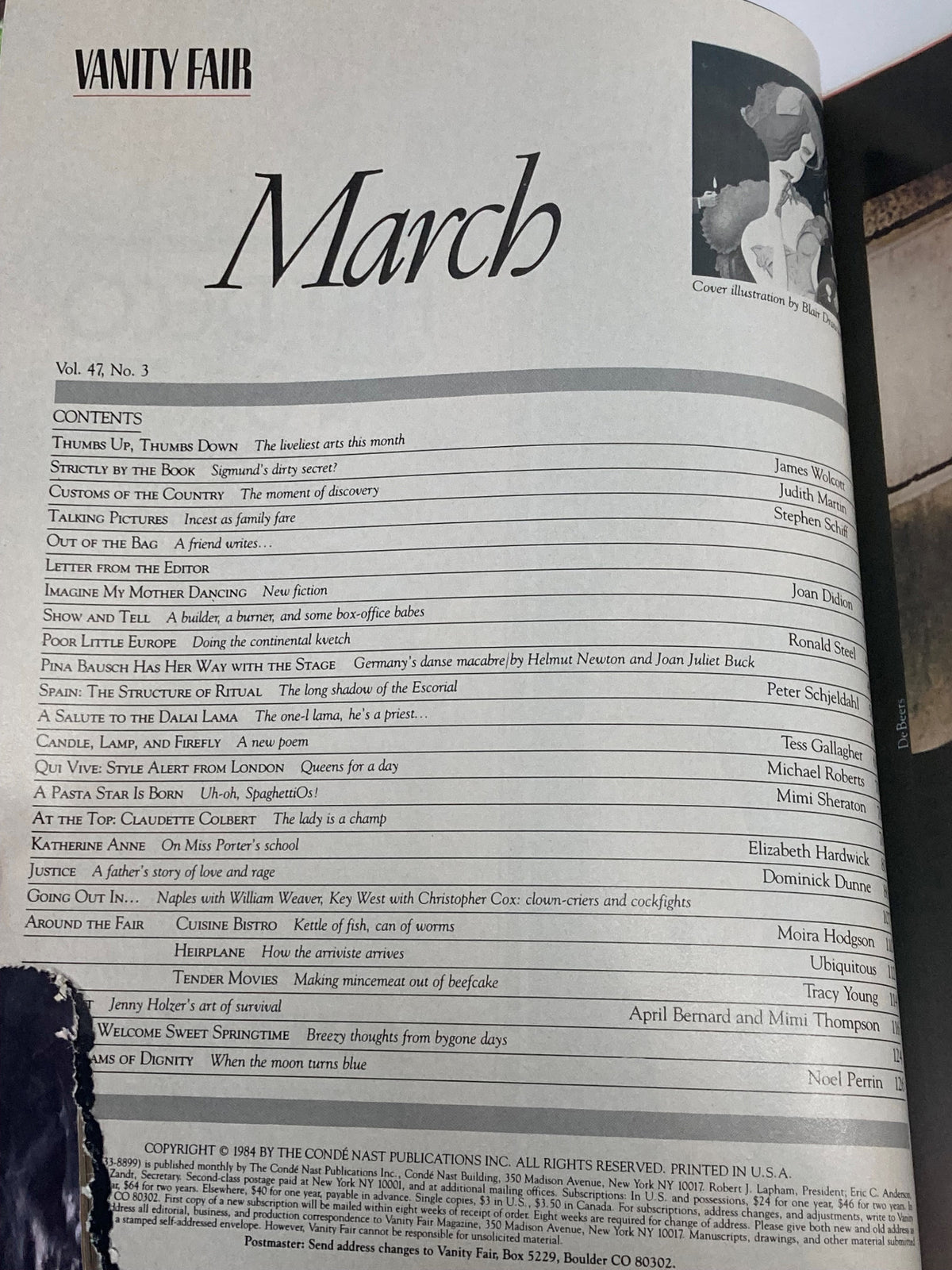 Contents page from the VTG Vanity Fair Magazine March 1984 displaying featured articles and authors, highlighting the magazine's literary significance.