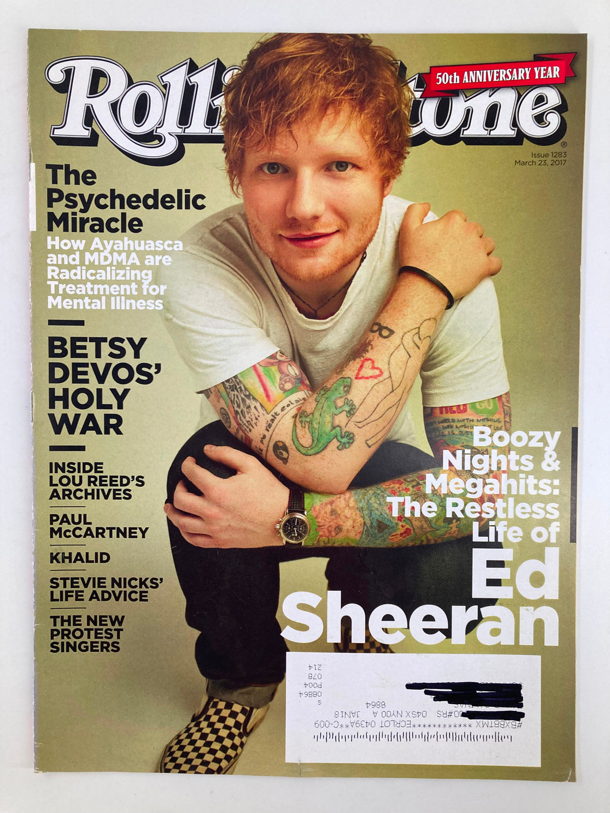 Rolling Stone Magazine May 23 2017 Issue 1283 featuring Ed Sheeran on the cover, showcasing his tattoos and casual style alongside the headline about his restless life.