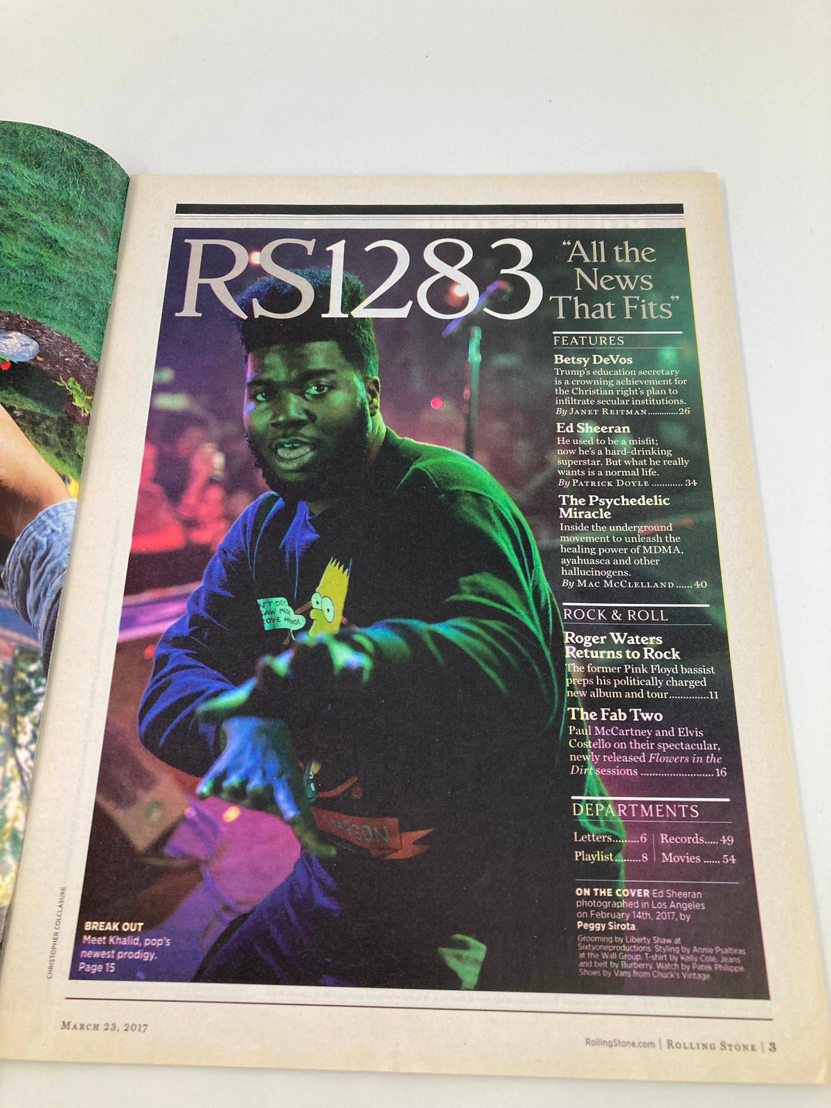 Inside page of Rolling Stone Magazine May 23 2017 Issue 1283, featuring an article labeled 'All the News That Fits' with Ed Sheeran performing, highlighting key topics covered in the issue.